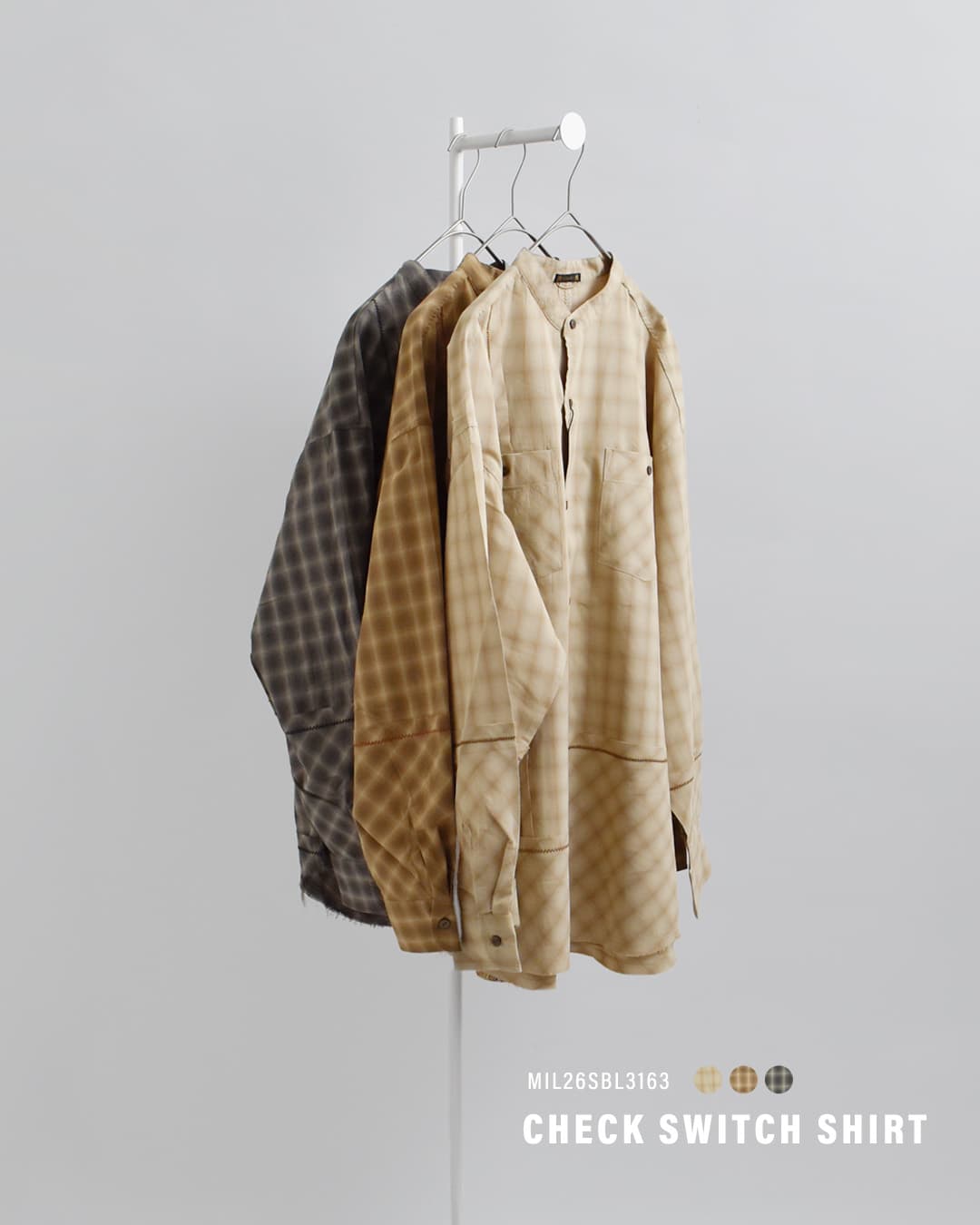 KHA:KIオンブレチェック パッチワーク バンドカラーシャツ CHECK SWITCH SHIRT mil26sbl3163