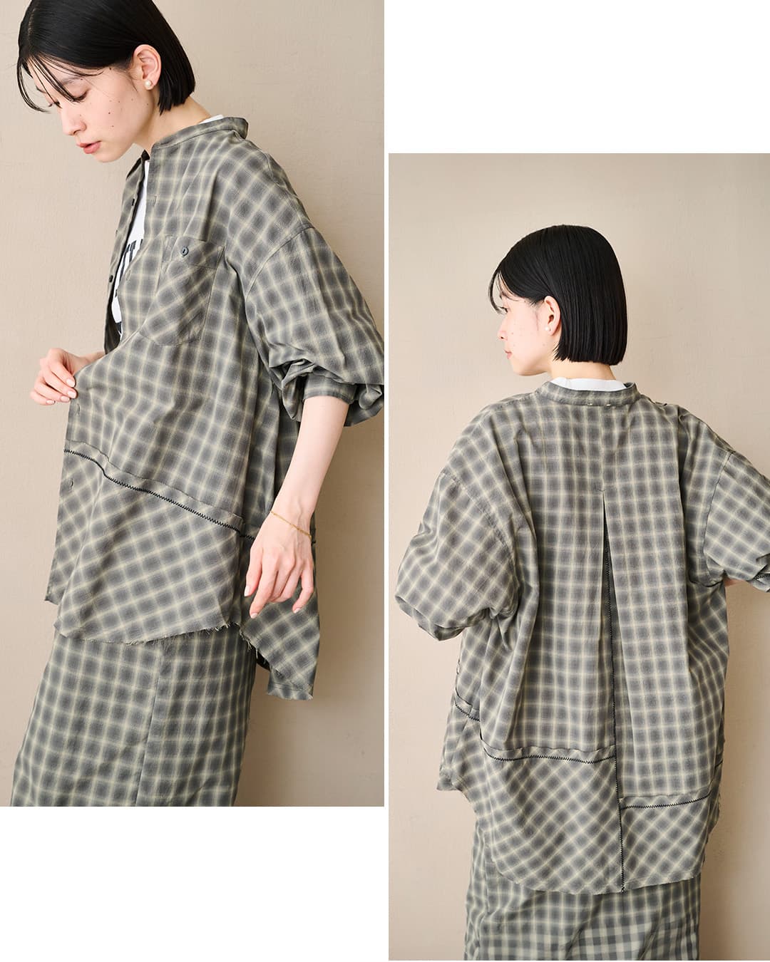 KHA:KIオンブレチェック パッチワーク バンドカラーシャツ CHECK SWITCH SHIRT mil26sbl3163