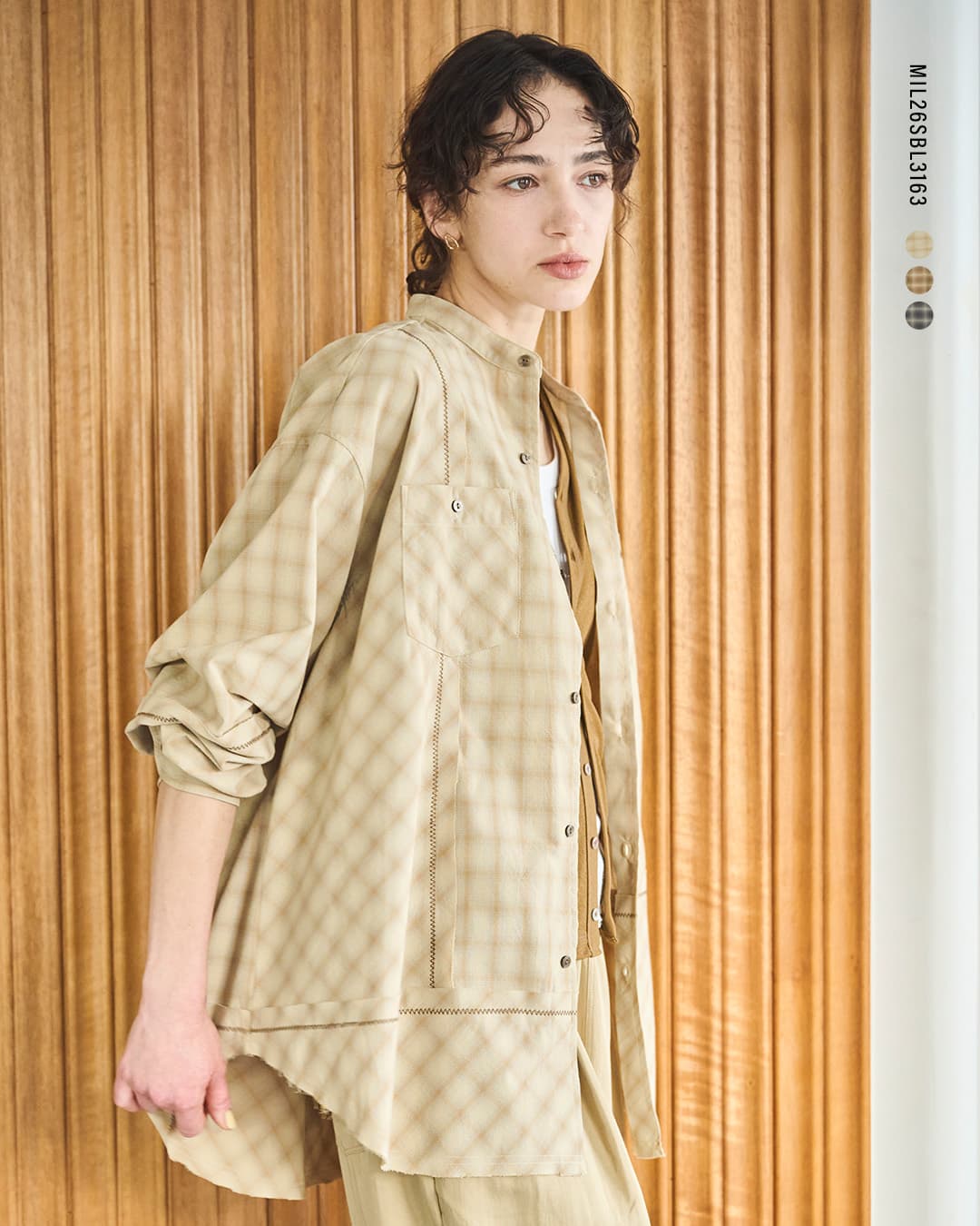 KHA:KIオンブレチェック パッチワーク バンドカラーシャツ CHECK SWITCH SHIRT mil26sbl3163