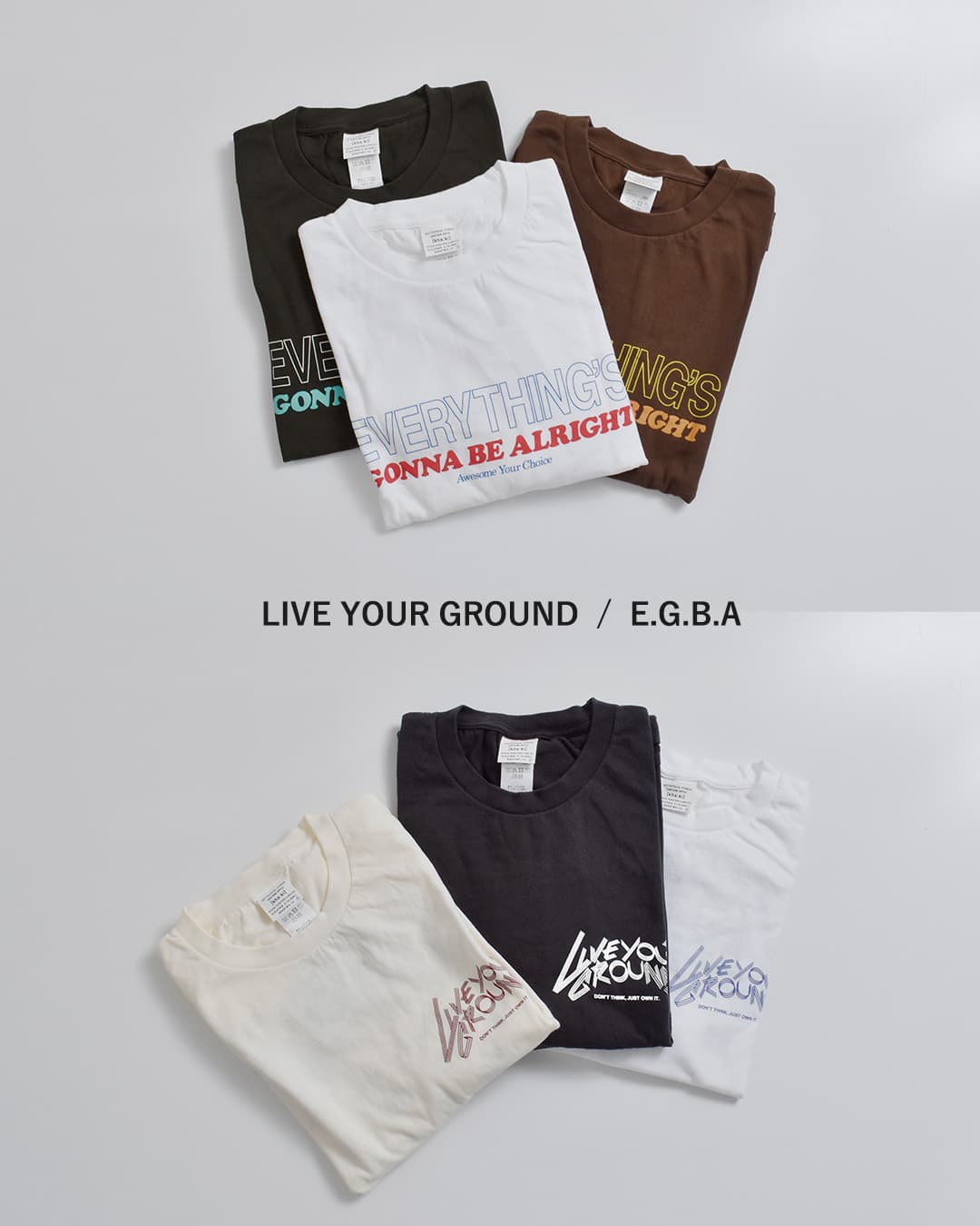 KHA:KI(カーキ)コットン天竺 プリント 7分袖Tシャツ LIVE YOUR GROUND / E.G.B.A mil26scs3506-7