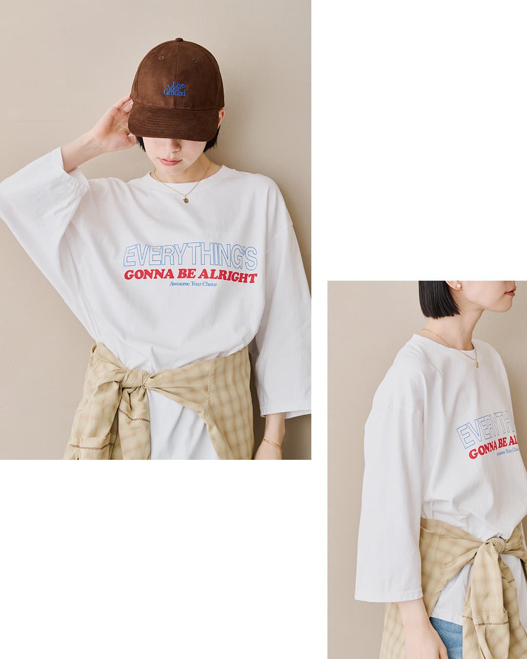 KHA:KI(カーキ)コットン天竺 プリント 7分袖Tシャツ LIVE YOUR GROUND / E.G.B.A mil26scs3506-7