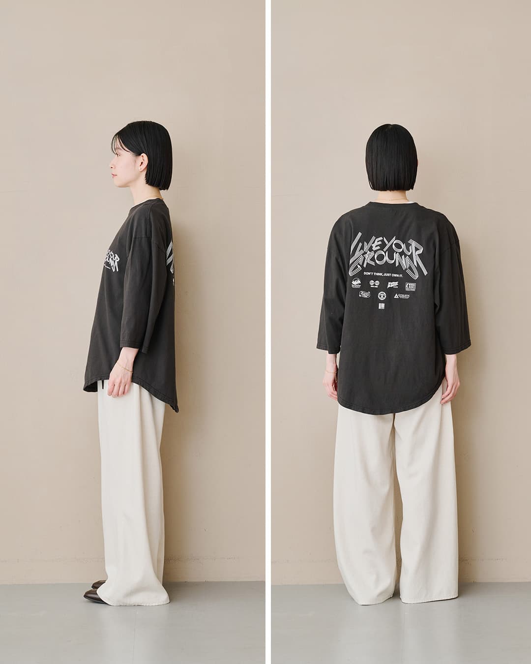 KHA:KI(カーキ)コットン天竺 プリント 7分袖Tシャツ LIVE YOUR GROUND / E.G.B.A mil26scs3506-7