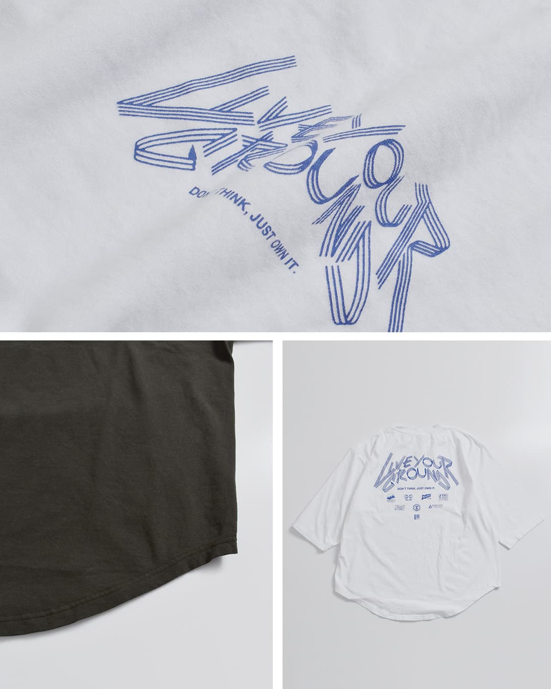 KHA:KI(カーキ)コットン天竺 プリント 7分袖Tシャツ LIVE YOUR GROUND / E.G.B.A mil26scs3506-7