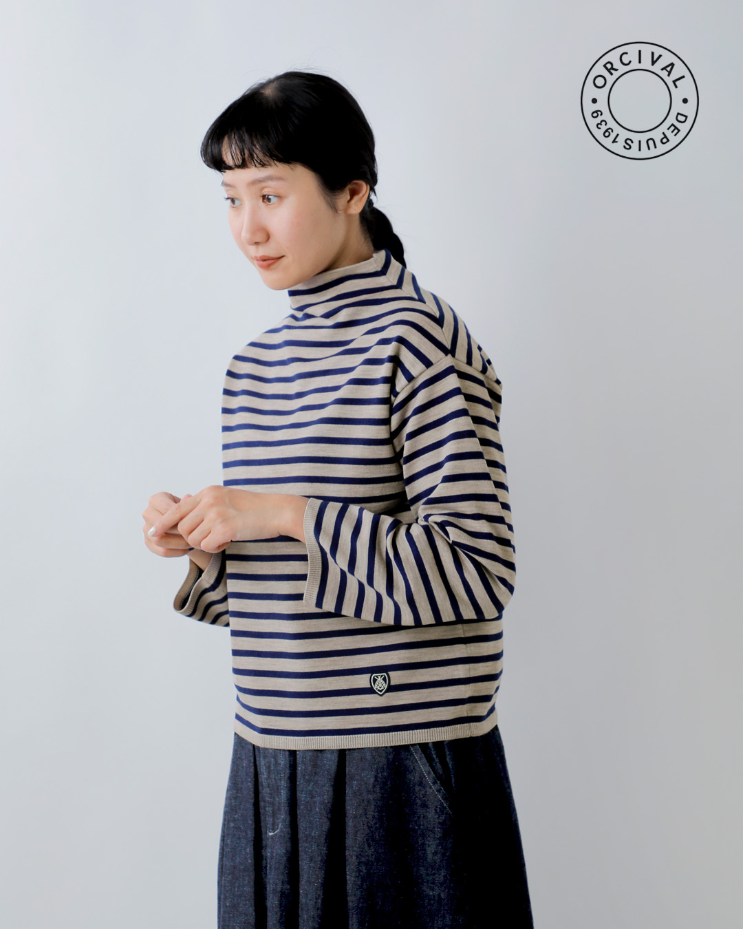 ORCIVAL(オーチバル・オーシバル)ウールプレーティング ニット ボーダー モックネック プルオーバー or-d0113cra-26aw