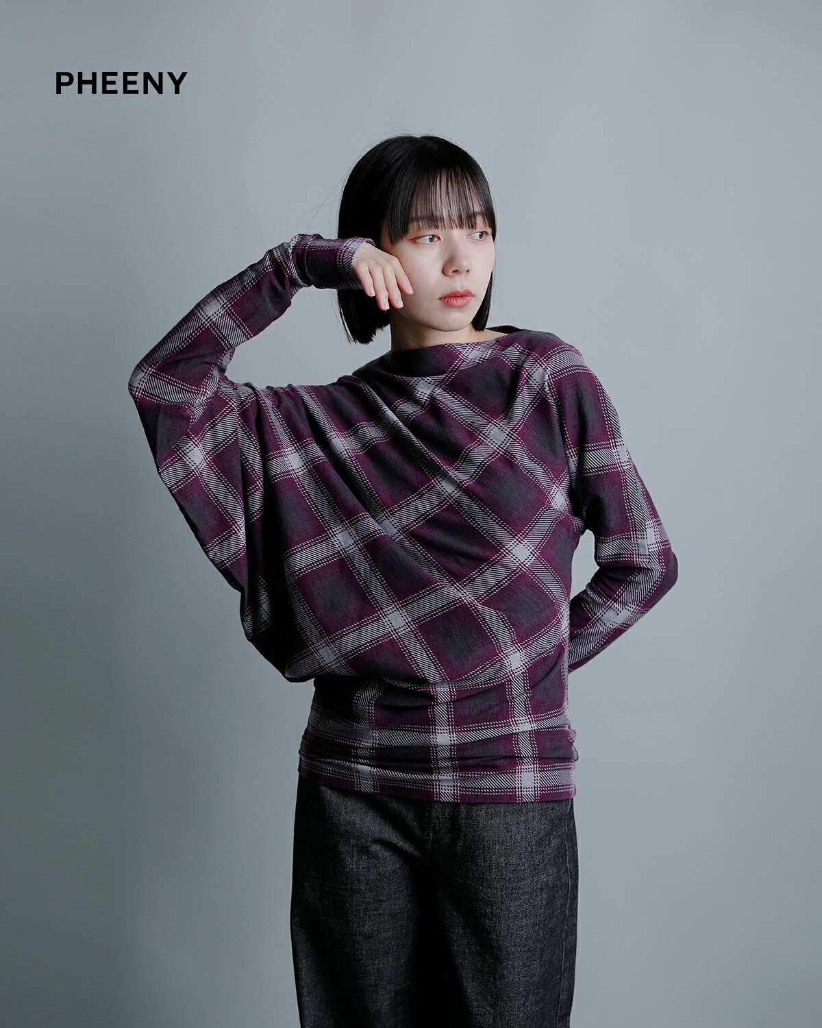 PHEENYオンブレチェック アシンメトリー ドレープ 長袖Tシャツ pa26-cs18