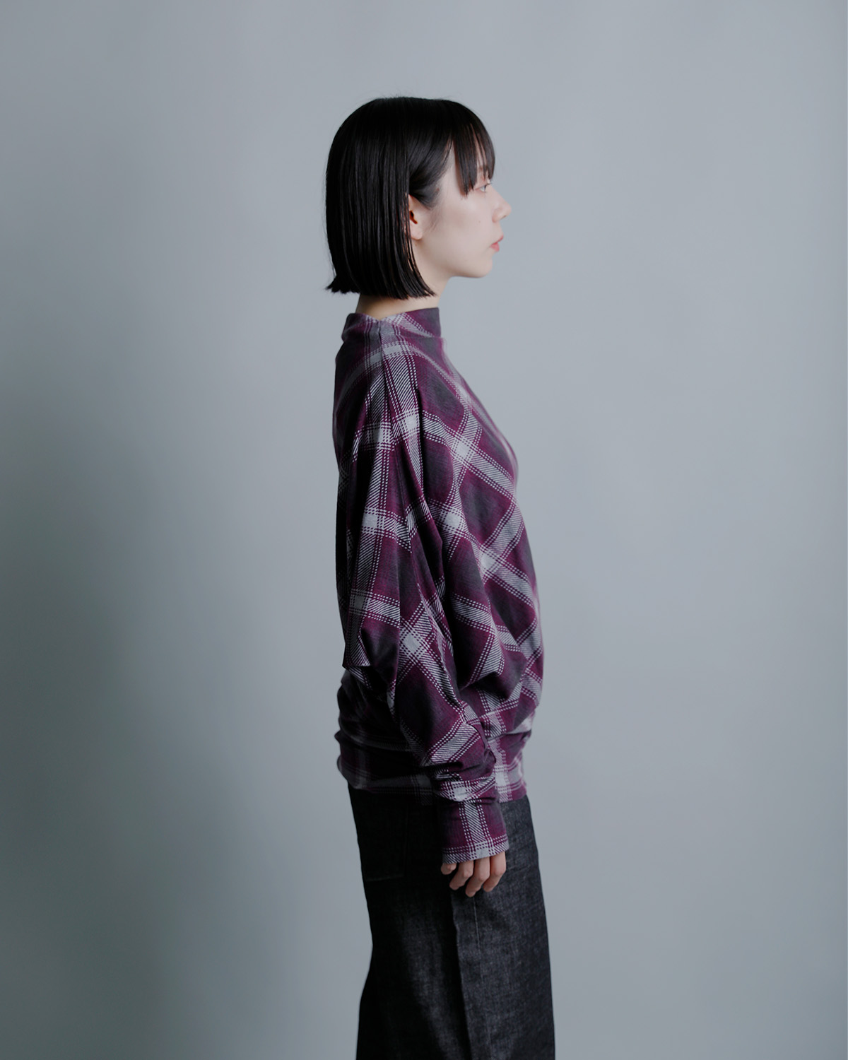 PHEENYオンブレチェック アシンメトリー ドレープ 長袖Tシャツ pa26-cs18