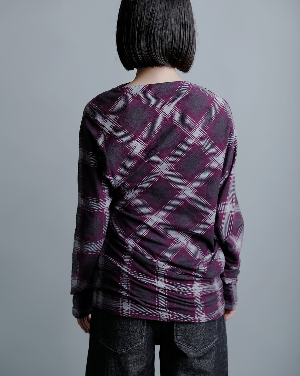 PHEENYオンブレチェック アシンメトリー ドレープ 長袖Tシャツ pa26-cs18