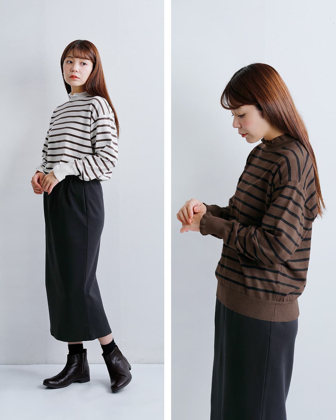 NOUVELLES DU PARADISムーコットン ボーダー フリル ハイネック プルオーバー pk24306b