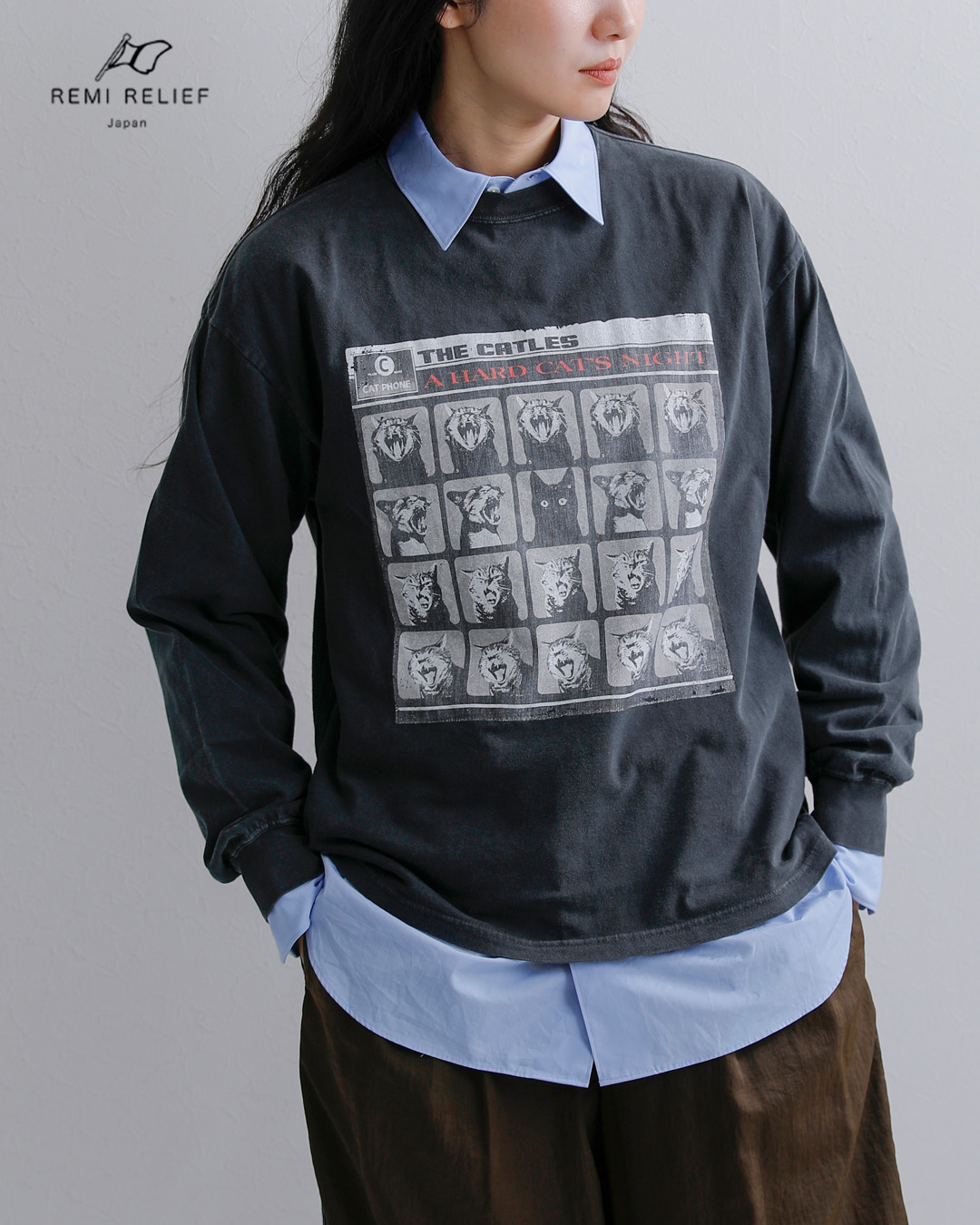 REMI RELIEF(レミレリーフ)ハードSP加工 天竺長袖Tシャツ A HARD CATS NIGHT rn31393138
