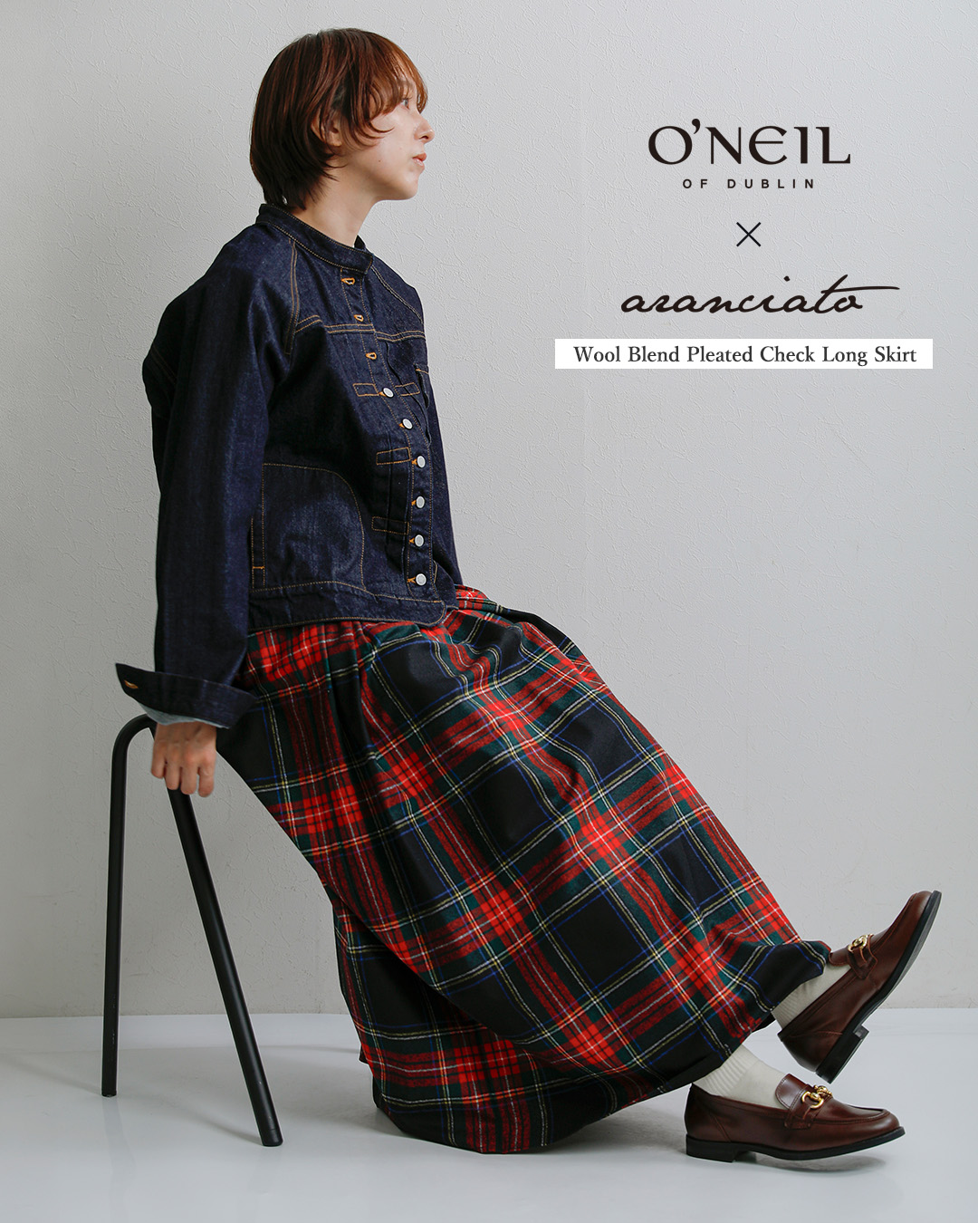 ONEIL OF DUBLINaranciato別注 ウール ブレンド タック チェック ロングスカート s265-93wp