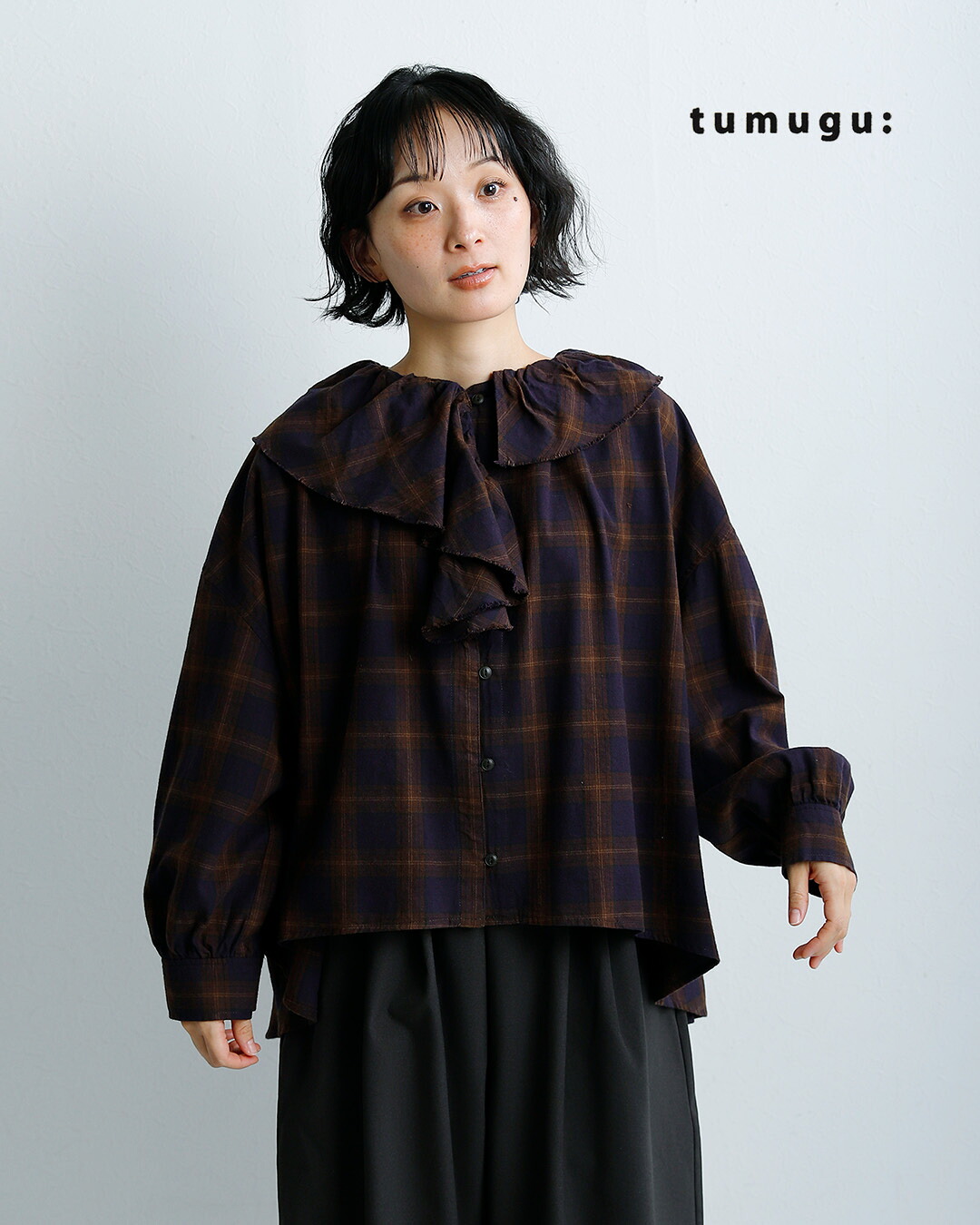 tumuguコットン ウール チェック ブラウス tb26311