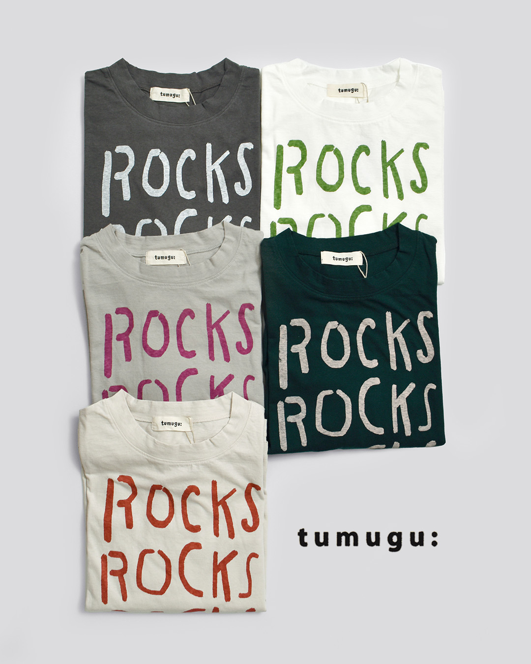 tumuguコットン ラフィ天竺 プリント Tシャツ ROCKS tc26220