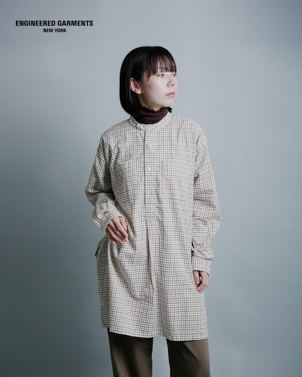 ENGINEERED GARMENTS(エンジニアド ガーメンツ)コットン タッタソール バンドカラー ロングシャツ Banded Collar Long Shirt tx029