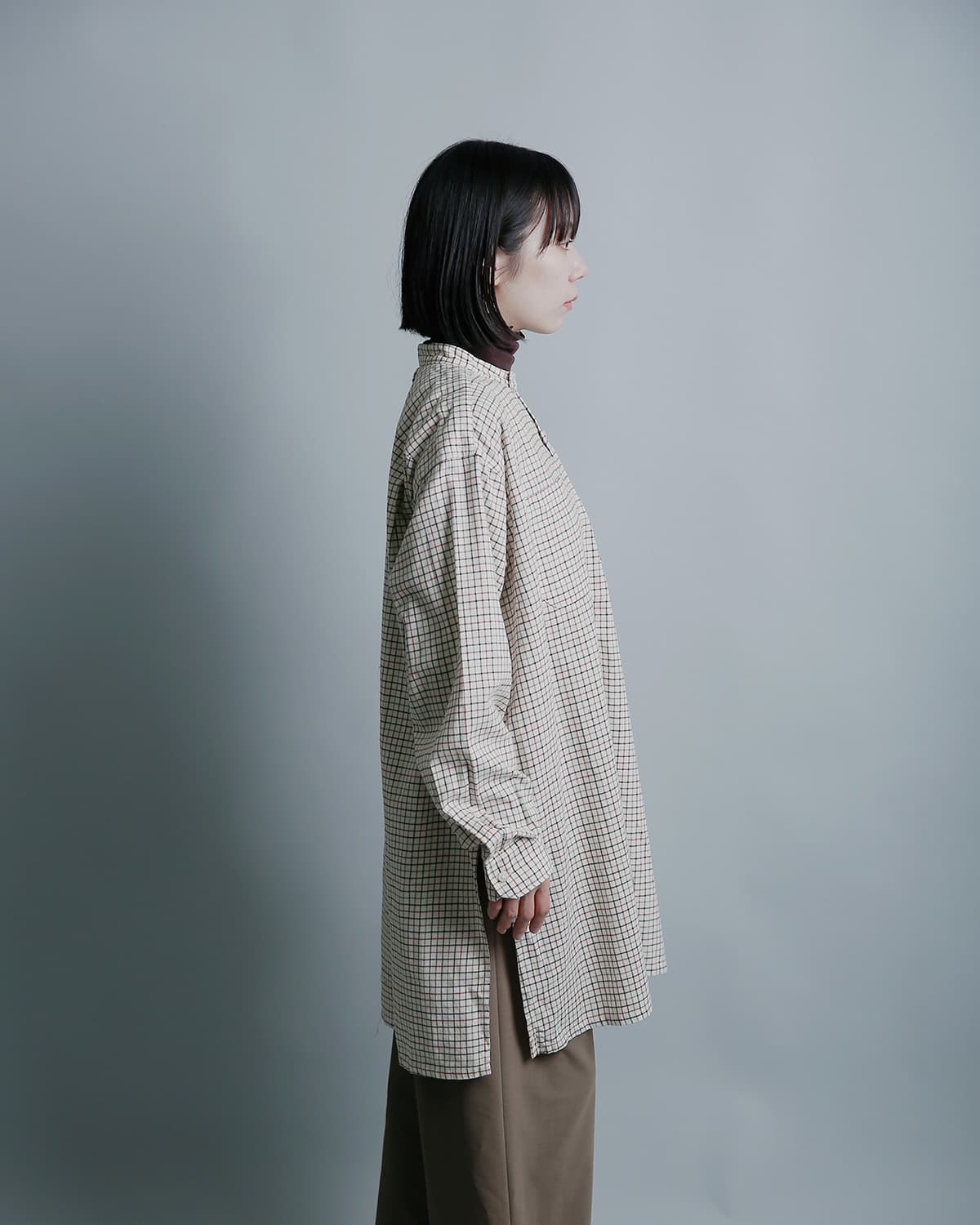ENGINEERED GARMENTS(エンジニアド ガーメンツ)コットン タッタソール バンドカラー ロングシャツ Banded Collar Long Shirt tx029