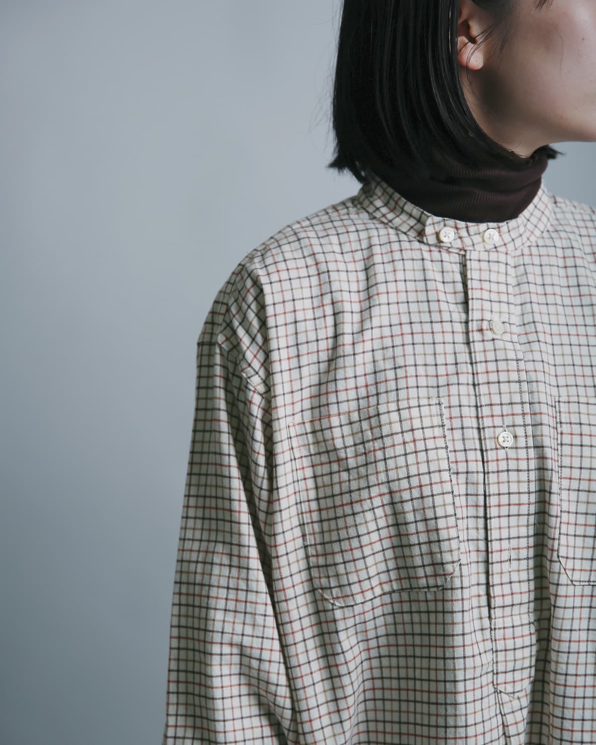 ENGINEERED GARMENTS(エンジニアド ガーメンツ)コットン タッタソール バンドカラー ロングシャツ Banded Collar Long Shirt tx029