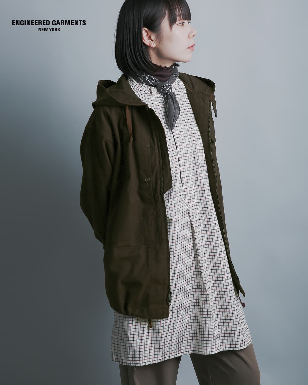 ENGINEERED GARMENTS(エンジニアド ガーメンツ)コットン ブラッシュドツイル フード ジップシャツ Zip Hooded Shirt tx069