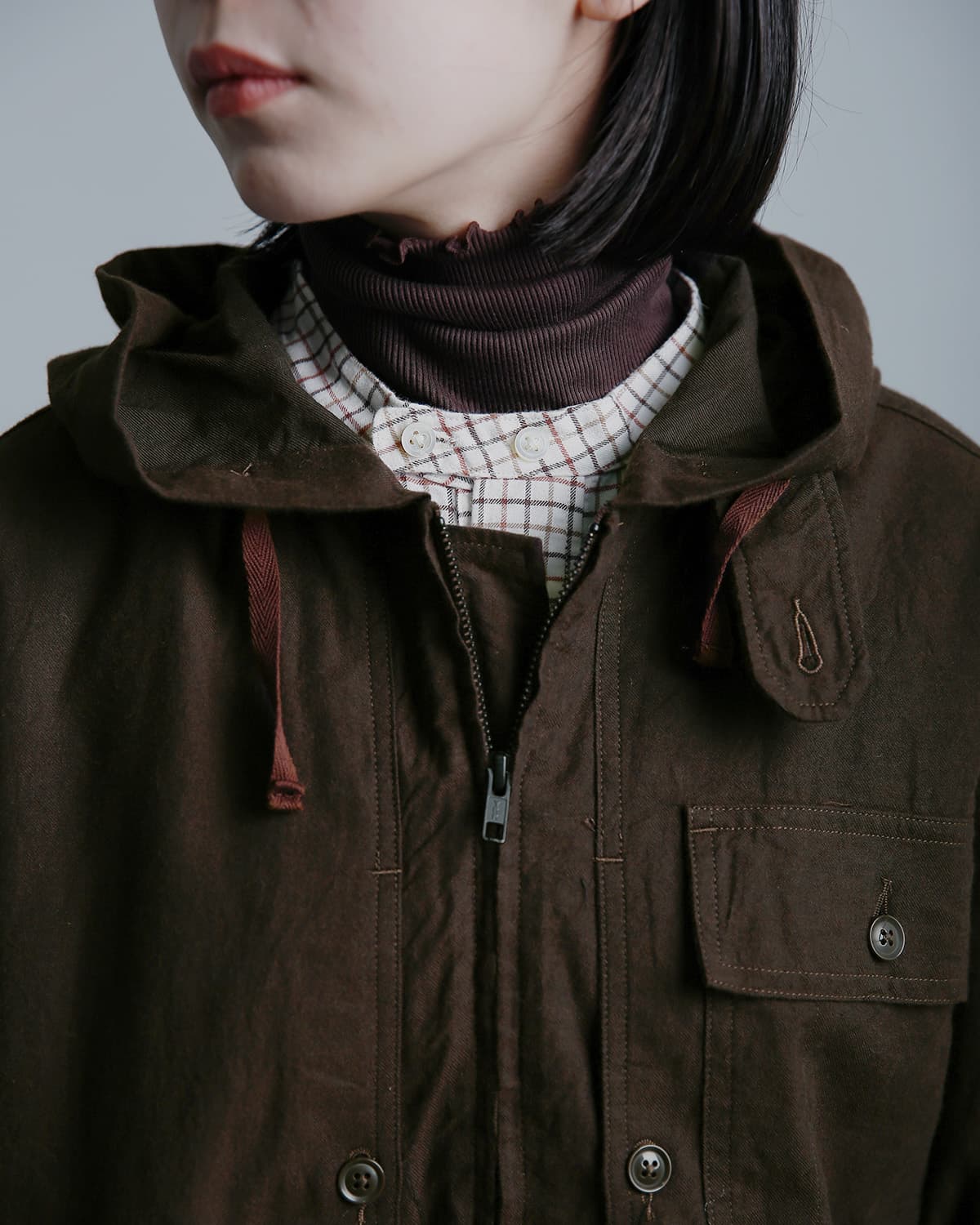 ENGINEERED GARMENTS(エンジニアド ガーメンツ)コットン ブラッシュドツイル フード ジップシャツ Zip Hooded Shirt tx069
