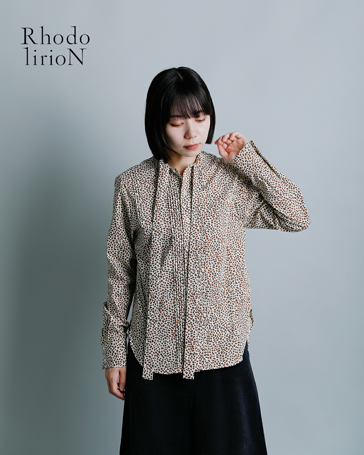 RHODOLIRIONソリッド レオパード リボンタイ ブラウス Ribbon Tie Blouse tx1046