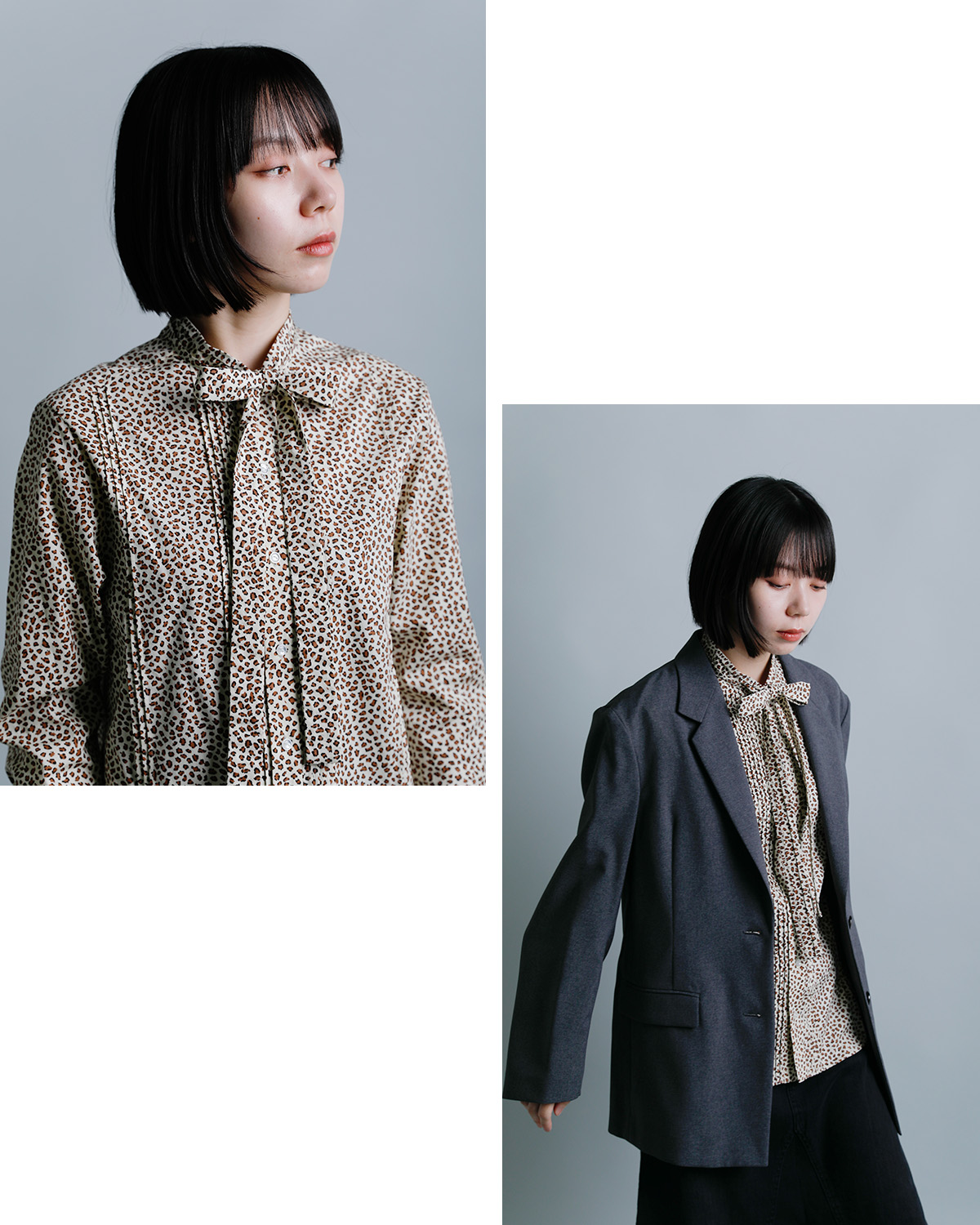RHODOLIRIONソリッド レオパード リボンタイ ブラウス Ribbon Tie Blouse tx1046