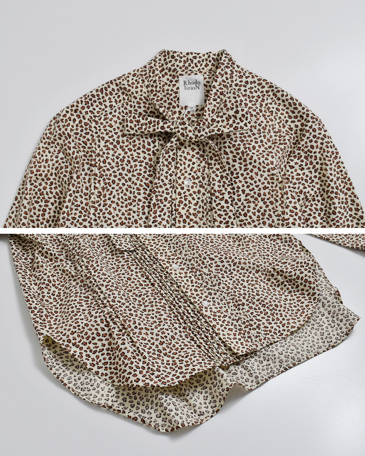 RHODOLIRIONソリッド レオパード リボンタイ ブラウス Ribbon Tie Blouse tx1046