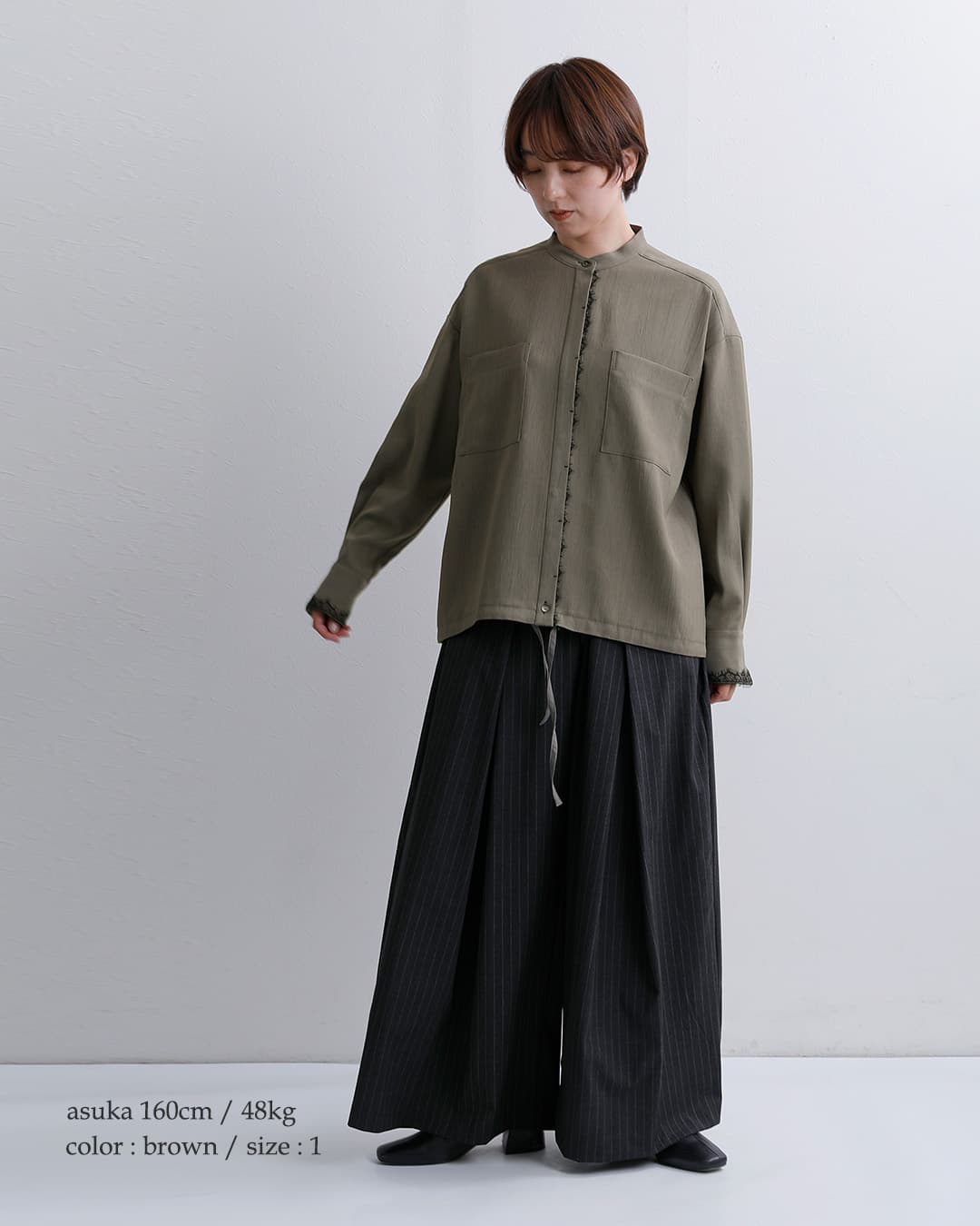 U PHORICAレース切替 スタンドカラー オーバーサイズシャツ u24-13402-63
