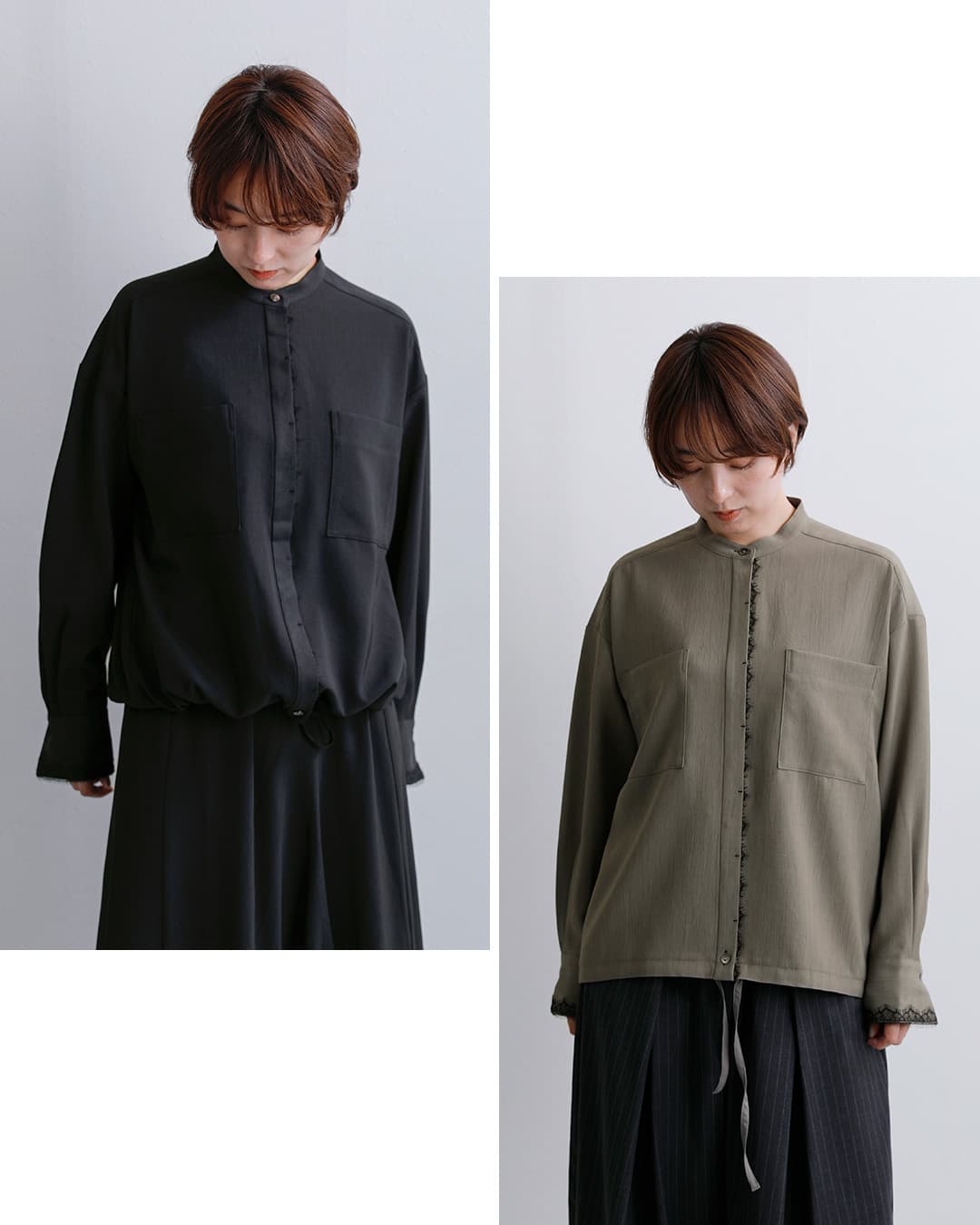 U PHORICAレース切替 スタンドカラー オーバーサイズシャツ u24-13402-63