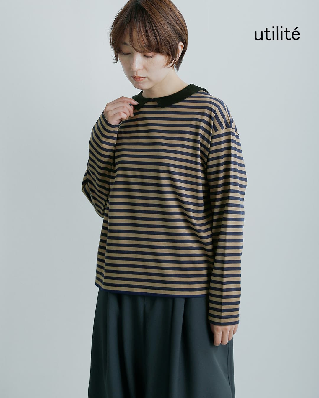 utilite(ユティリテ)シルケット天竺ボーダー 衿付き 2way カットソー ut604aw87