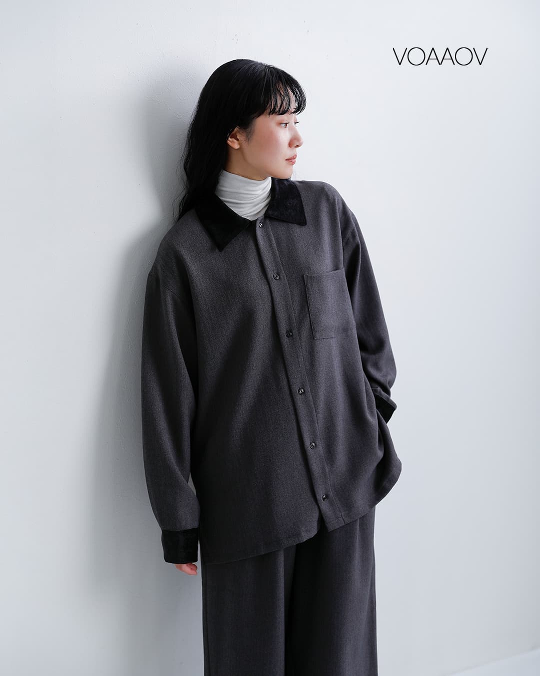 VOAAOVツイードライク 襟付き 長袖 シャツ vosh-q11