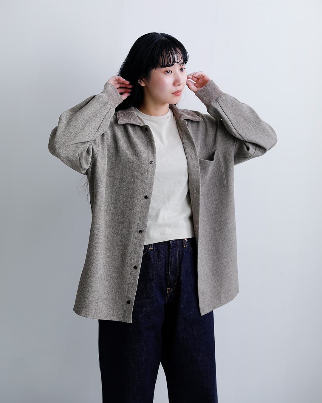 VOAAOVツイードライク 襟付き 長袖 シャツ vosh-q11