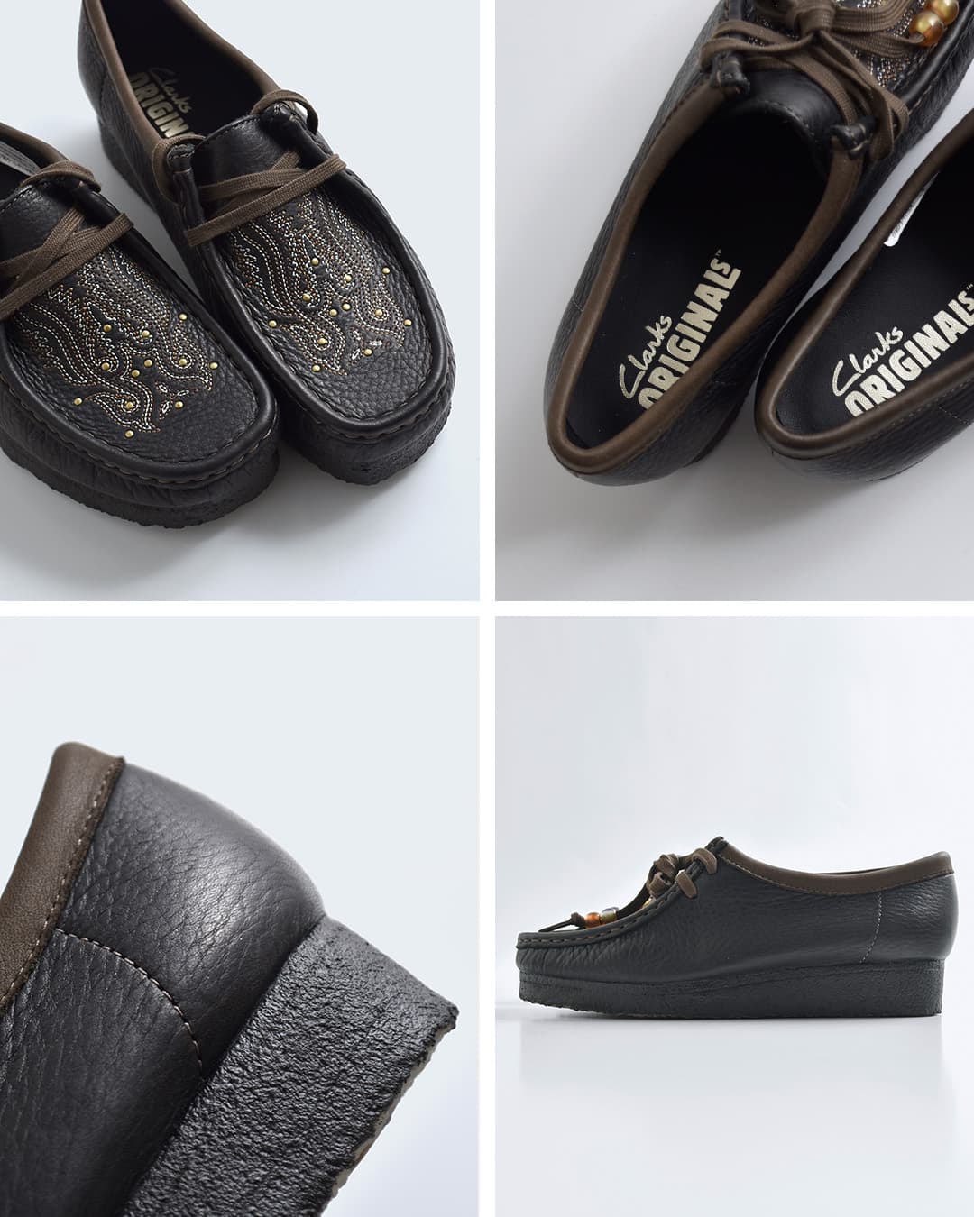 clarksレザー 刺繍 ワラビー クレープソール モカシンシューズ wallabee-emb