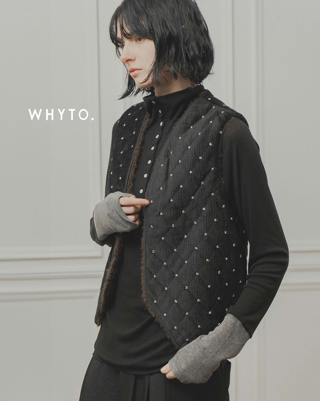 WHYTO.ビーズ キルティング リバーシブル ベスト wht26fjk4068