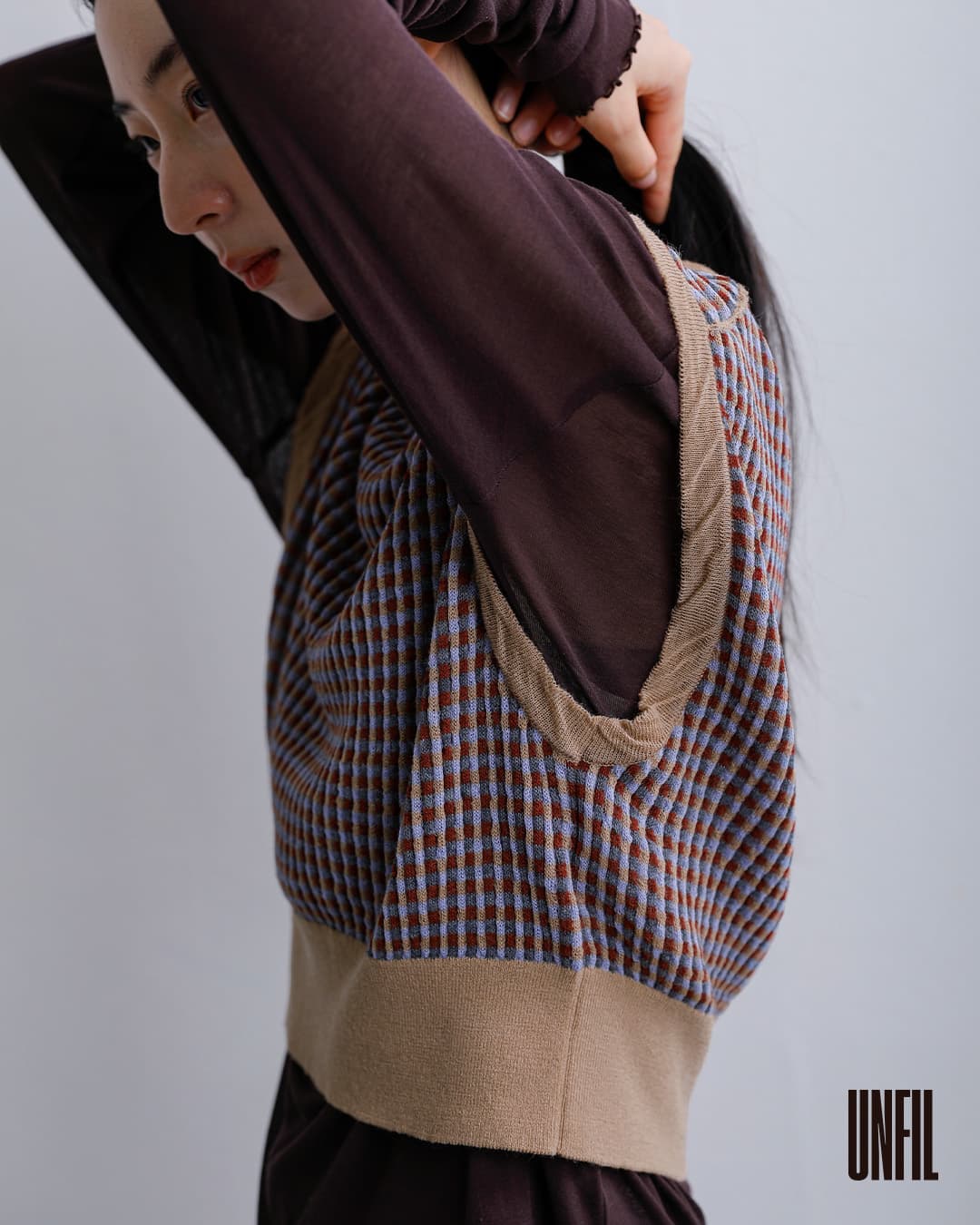 unfilウール ジャカード ニットベスト high twisted wool JQ pattern knit vest wxfl-uw110