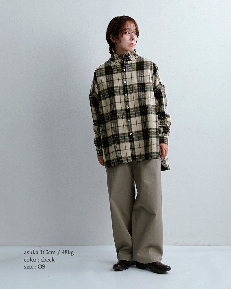 Yarmoコットン シャギーチェック ラッフルシャツ yar-26aw-s28ck
