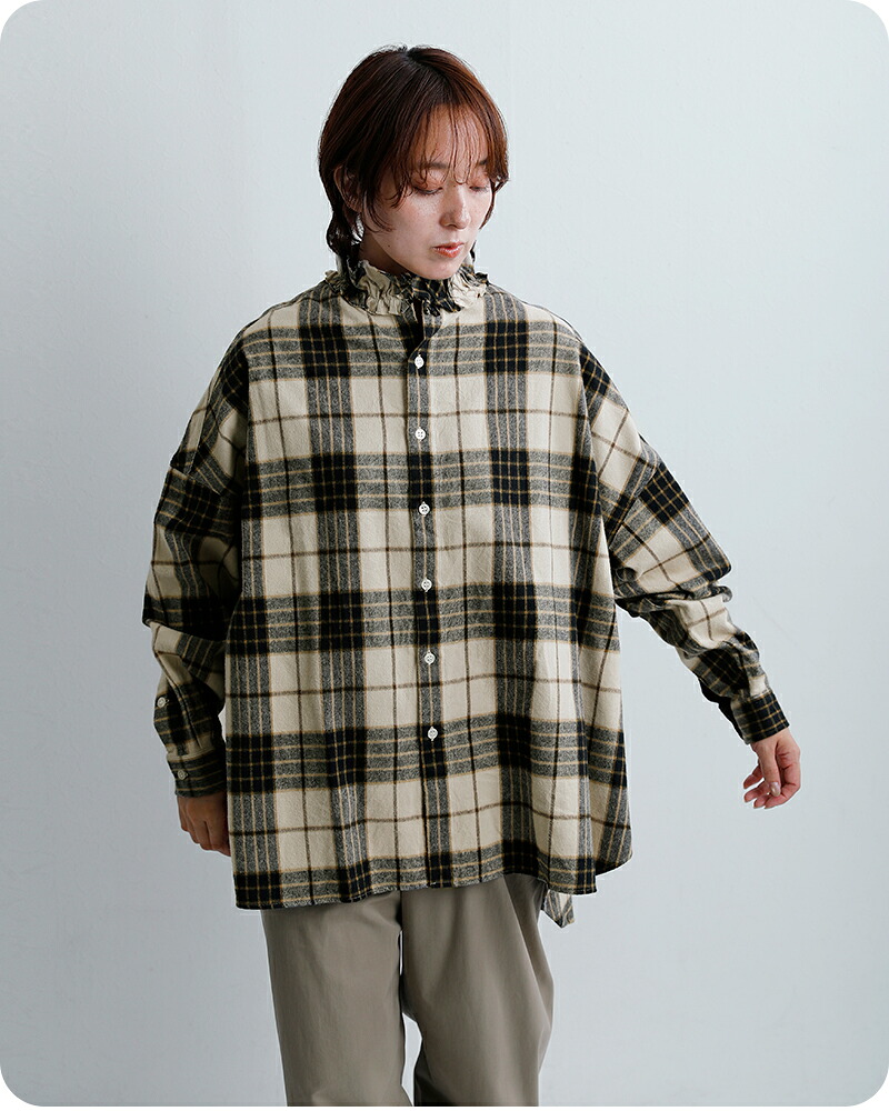 Yarmoコットン シャギーチェック ラッフルシャツ yar-26aw-s28ck