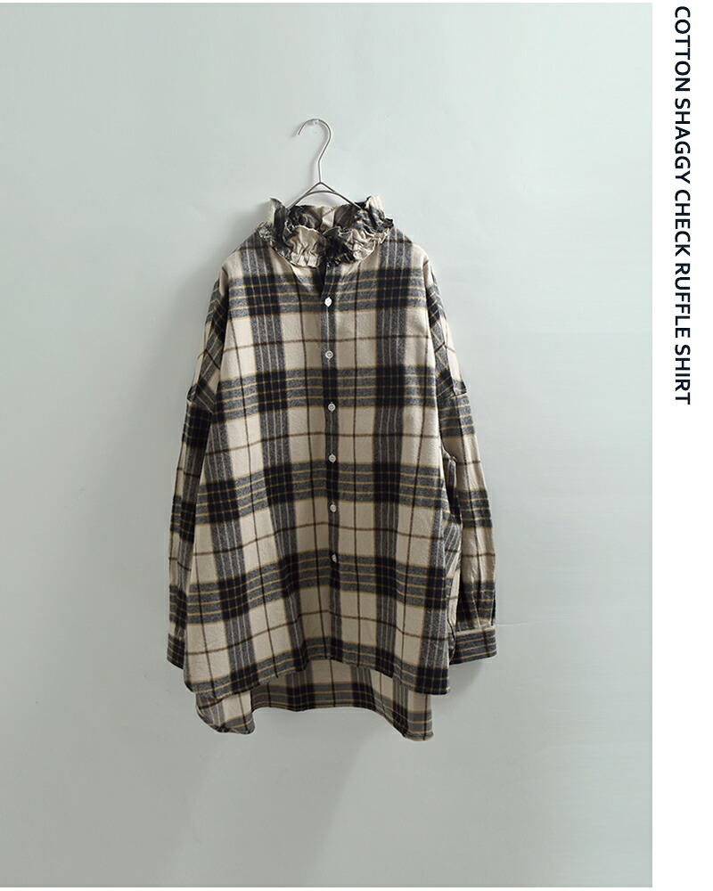 Yarmoコットン シャギーチェック ラッフルシャツ yar-26aw-s28ck