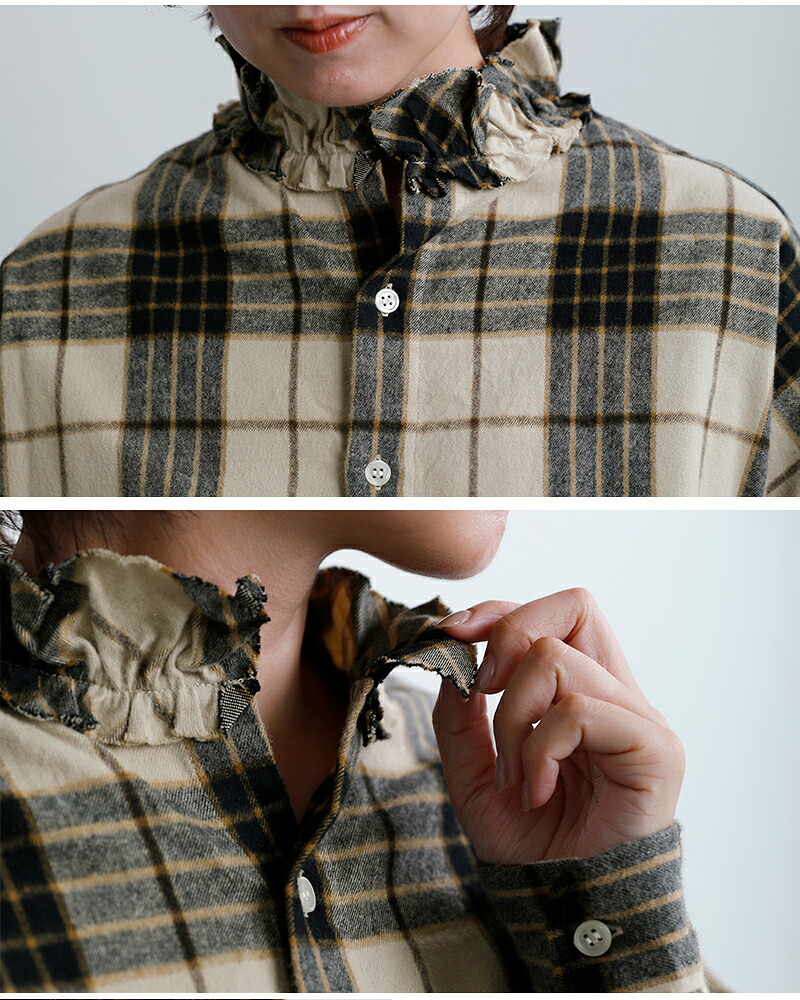 Yarmoコットン シャギーチェック ラッフルシャツ yar-26aw-s28ck