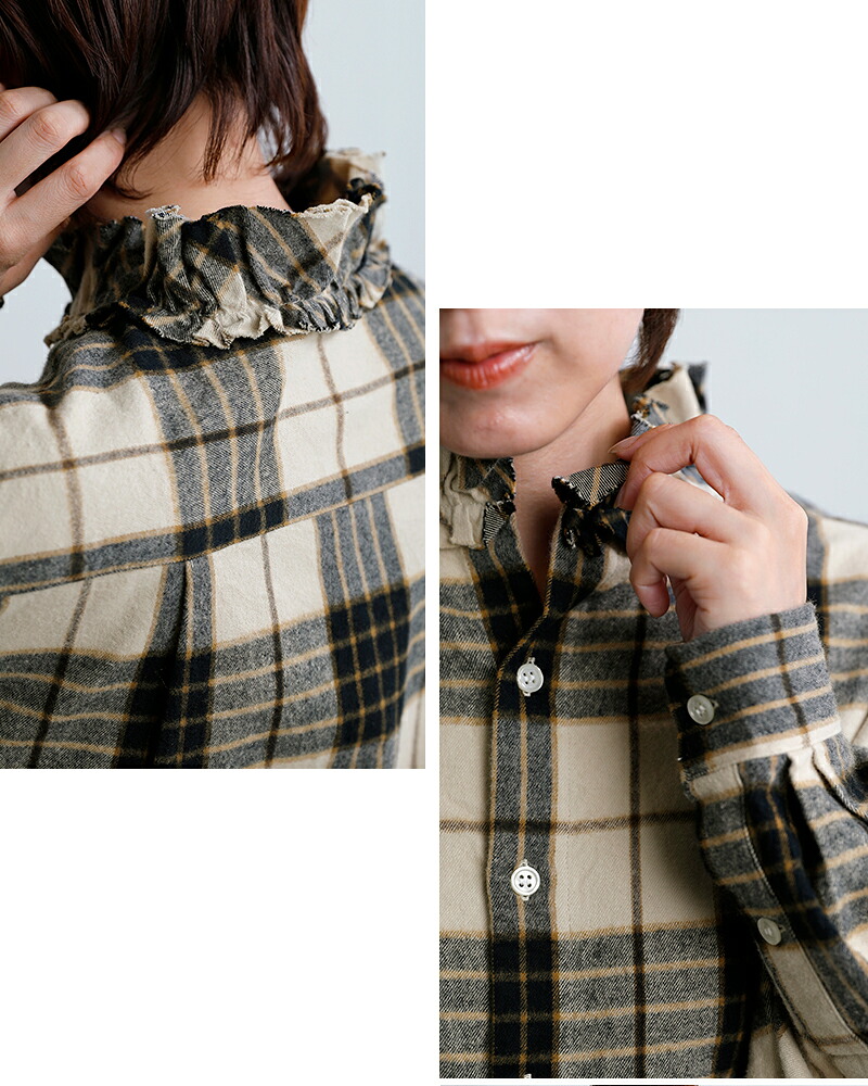 Yarmoコットン シャギーチェック ラッフルシャツ yar-26aw-s28ck