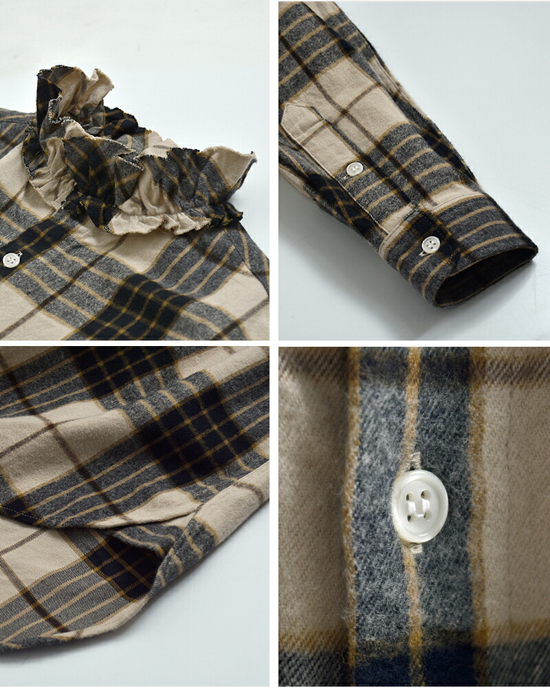 Yarmoコットン シャギーチェック ラッフルシャツ yar-26aw-s28ck