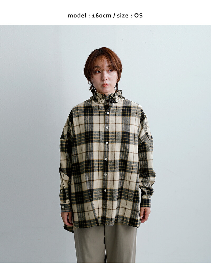 Yarmoコットン シャギーチェック ラッフルシャツ yar-26aw-s28ck