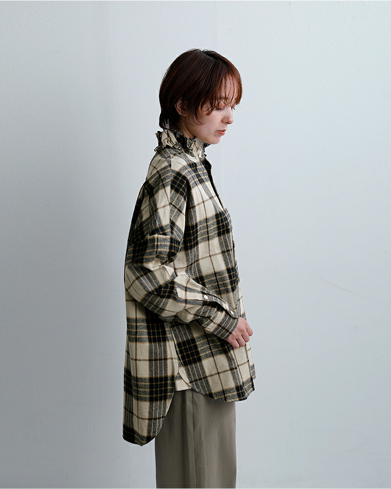 Yarmoコットン シャギーチェック ラッフルシャツ yar-26aw-s28ck