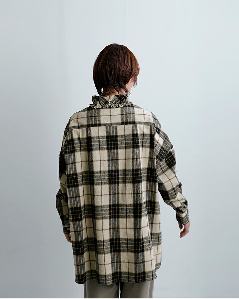 Yarmoコットン シャギーチェック ラッフルシャツ yar-26aw-s28ck