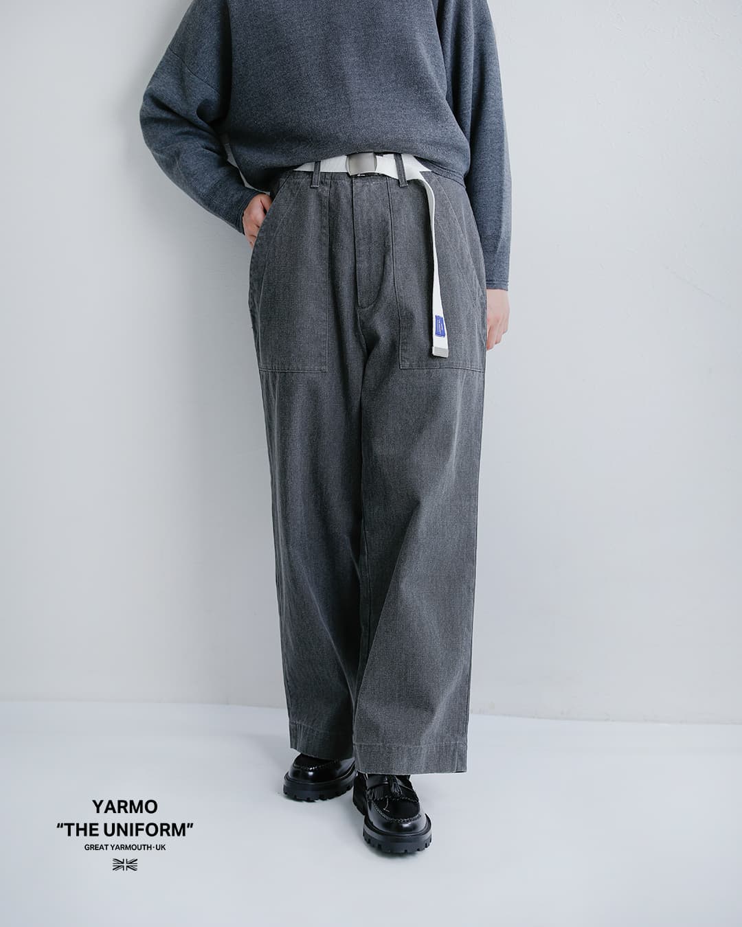 Yarmo THE UNIFORM(ヤーモザユニフォーム)コットン ヘリンボーン ベルト付き フィールドパンツ ytu-26aw-tr4he