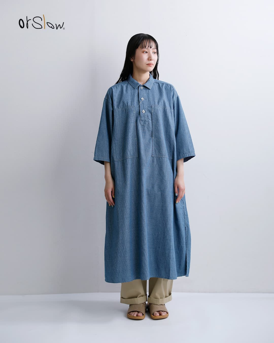 or slow(オアスロウ)コットンシャンブレー 七分袖 プルオーバー ワンピース 00-9551