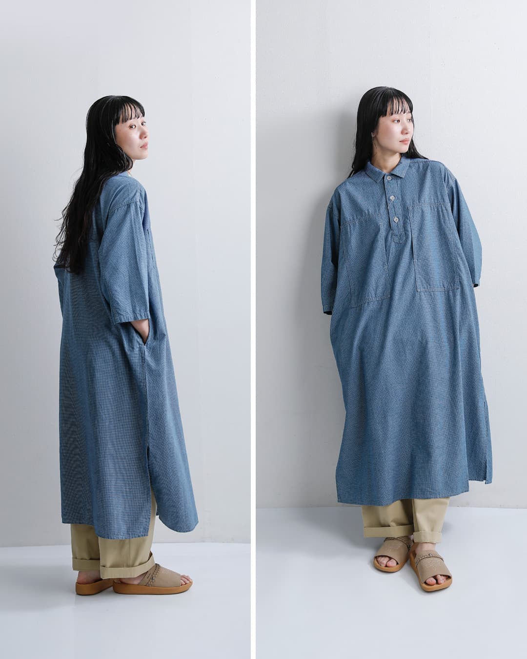 or slow(オアスロウ)コットンシャンブレー 七分袖 プルオーバー ワンピース 00-9551