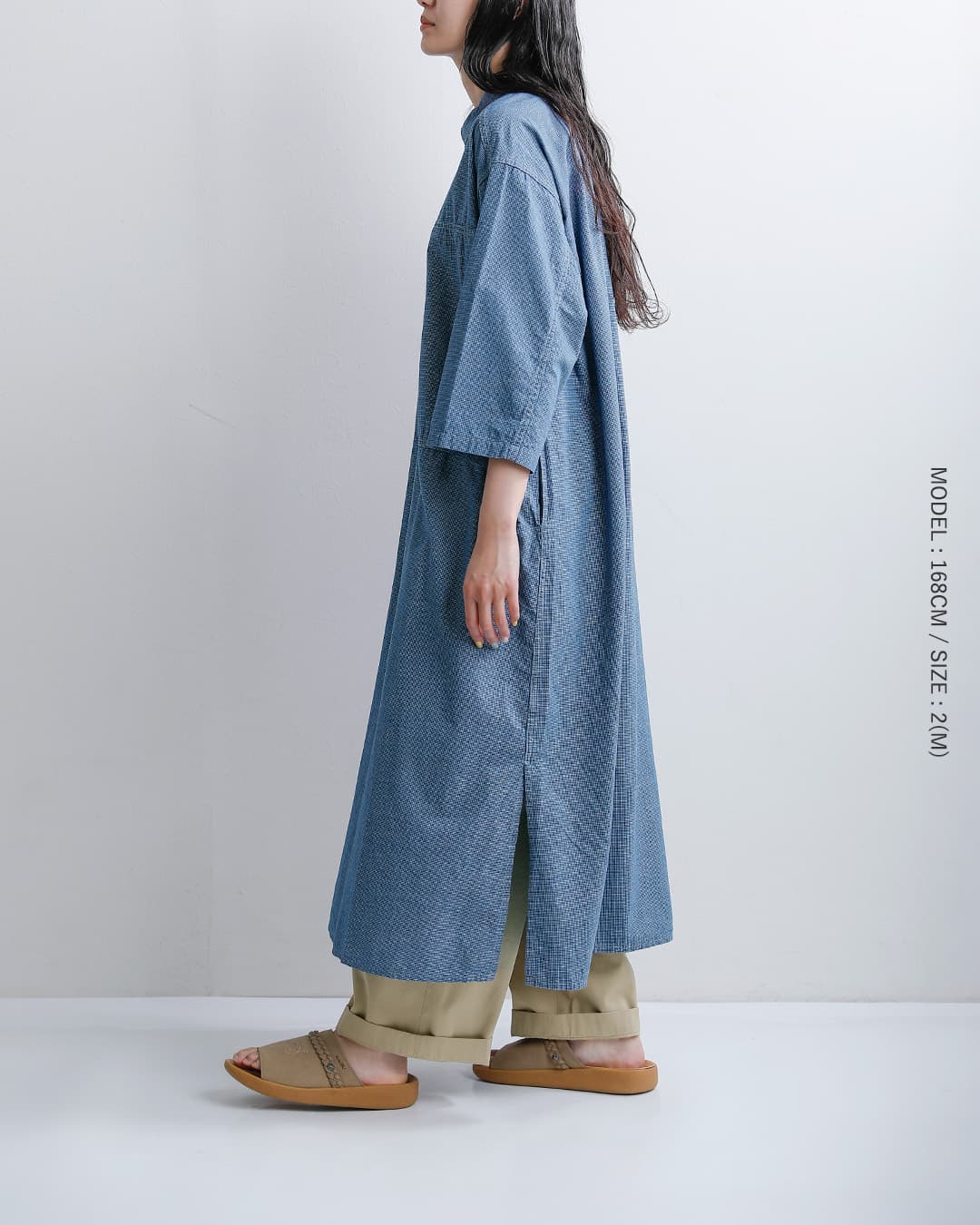 or slow(オアスロウ)コットンシャンブレー 七分袖 プルオーバー ワンピース 00-9551