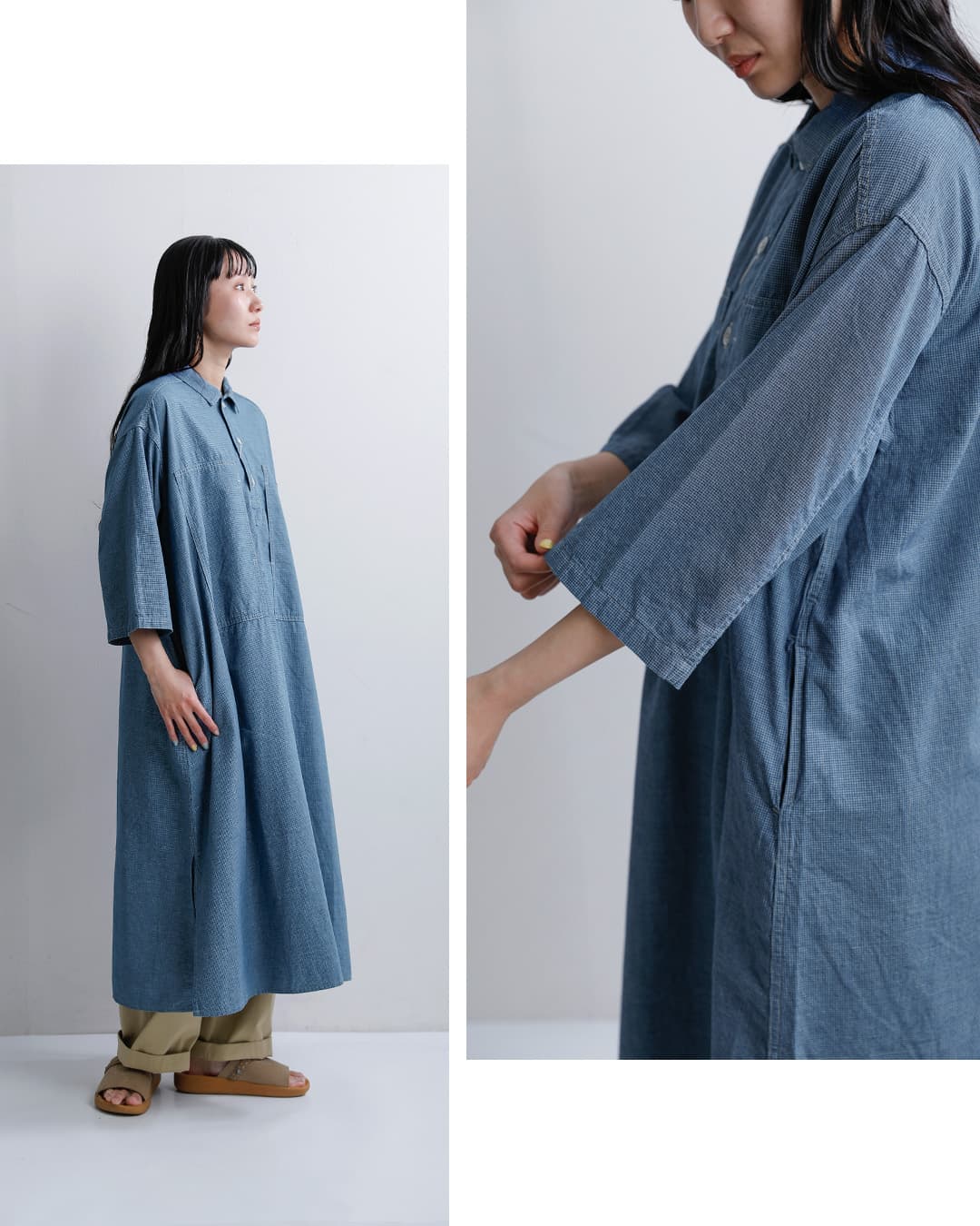 or slow(オアスロウ)コットンシャンブレー 七分袖 プルオーバー ワンピース 00-9551