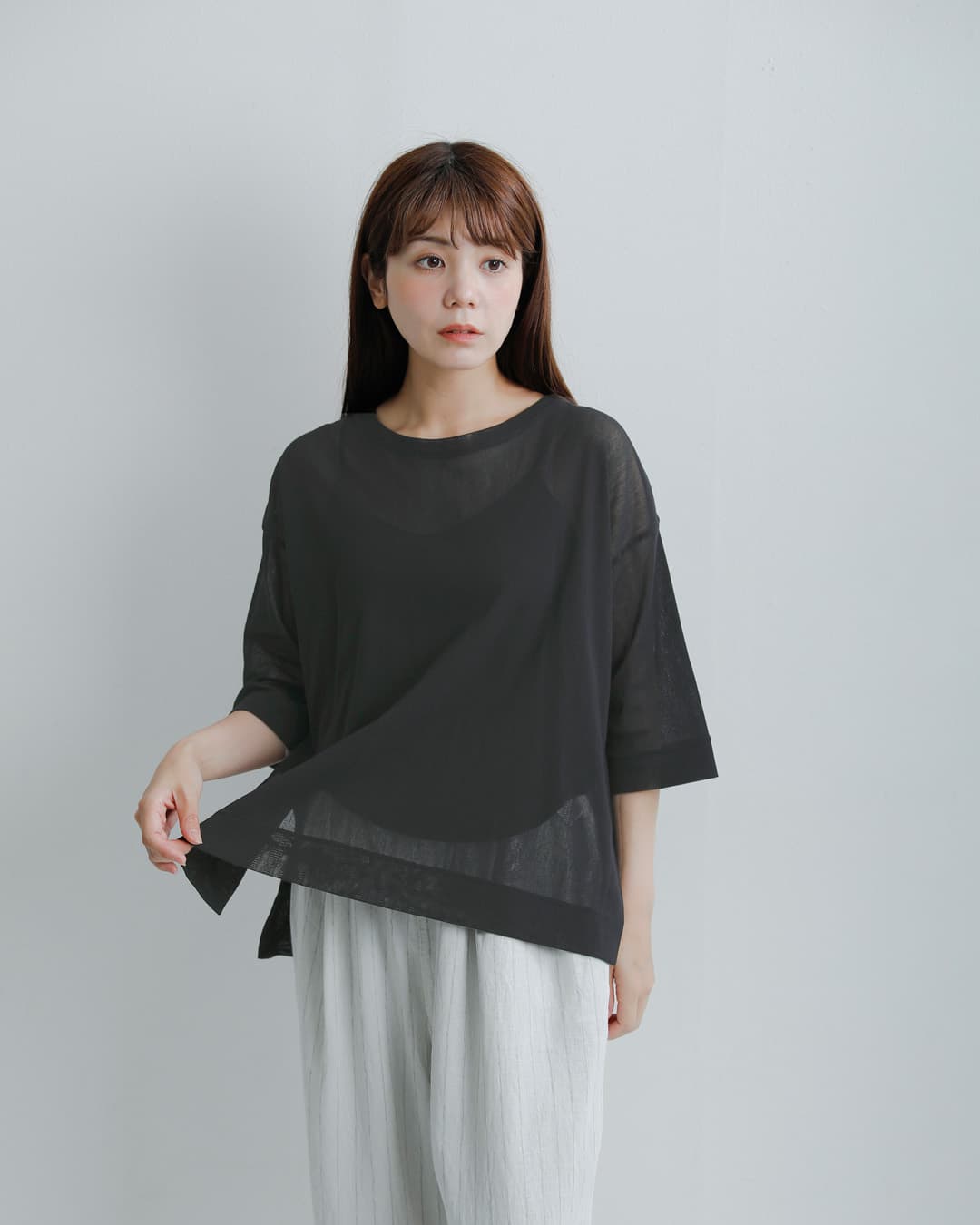 Squady(スカディ)コットン チュール スリット Ｔシャツ 002-6837