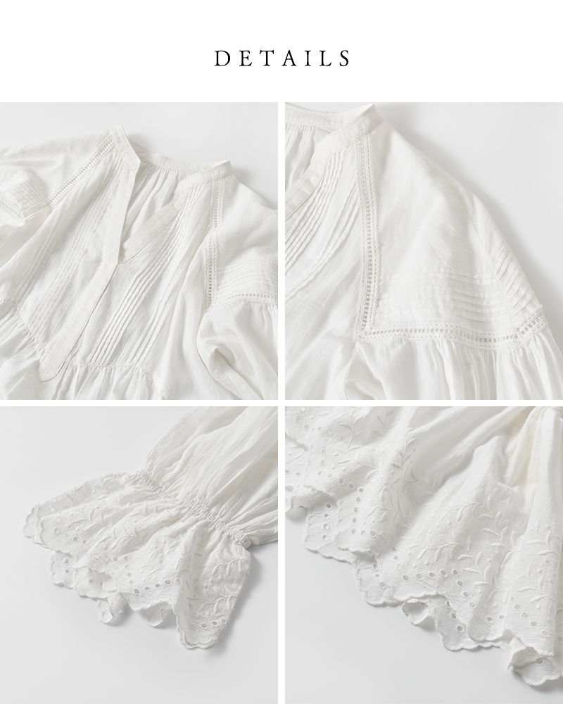 ne Quittez pas(ヌキテパ)コットンボイルホワイトクローバーカットワークギャザーブラウスCottonVoileWhiteCloverCutworkGatherBlouse010161wk1