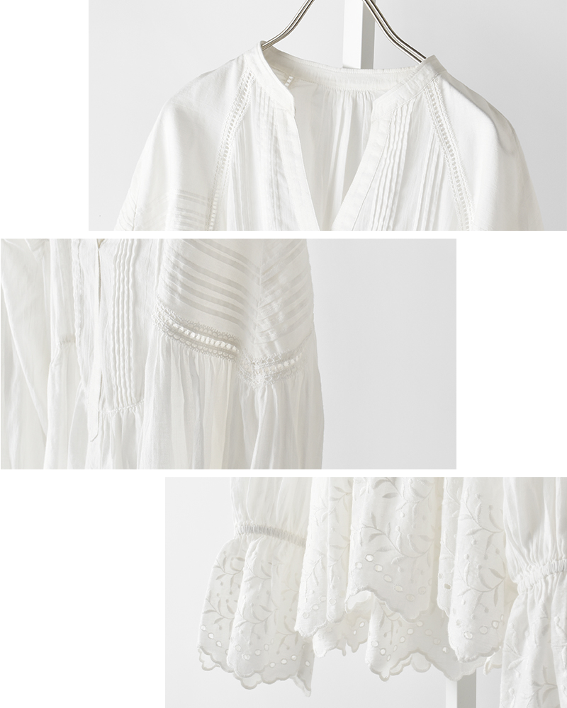 ne Quittez pas(ヌキテパ)コットンボイルホワイトクローバーカットワークギャザーブラウスCottonVoileWhiteCloverCutworkGatherBlouse010161wk1