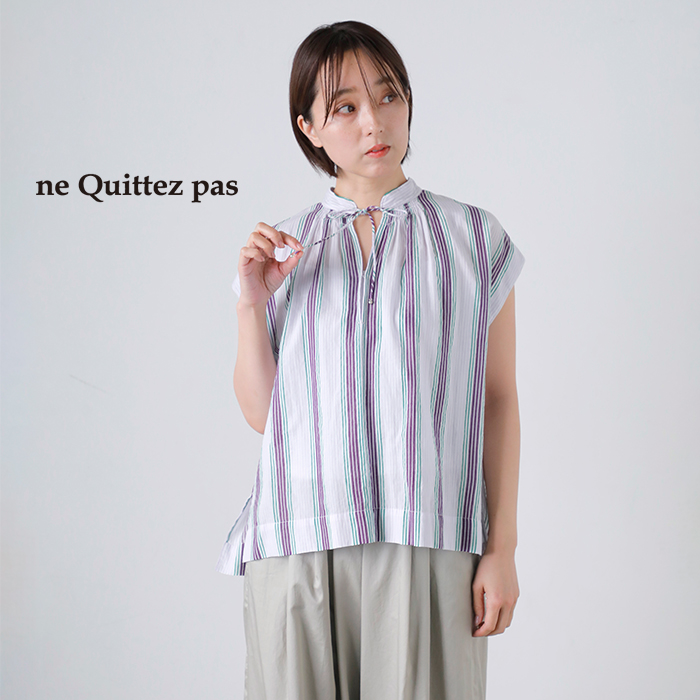 ne Quittez pas(ヌキテパ)コットンボイルストライプフレンチスリーブブラウスCottonVoileStripeFrenchSleeveBlouse010261wq4